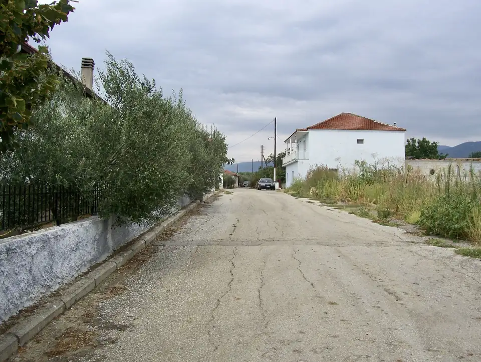 Δρόμος χωριού του Δήμου Σερρών, με ένα σπίτι και το άχτιστο οικόπεδο δίπλα του.